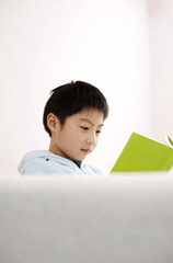 Boy sitting on the couch reading book