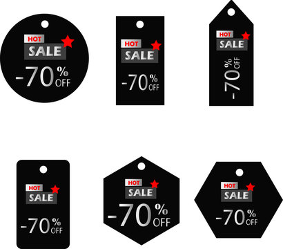 Set Of Sale Tags And Labels, Template Shopping Labels. Vector Illustration. -70% Black Background.Silver Words