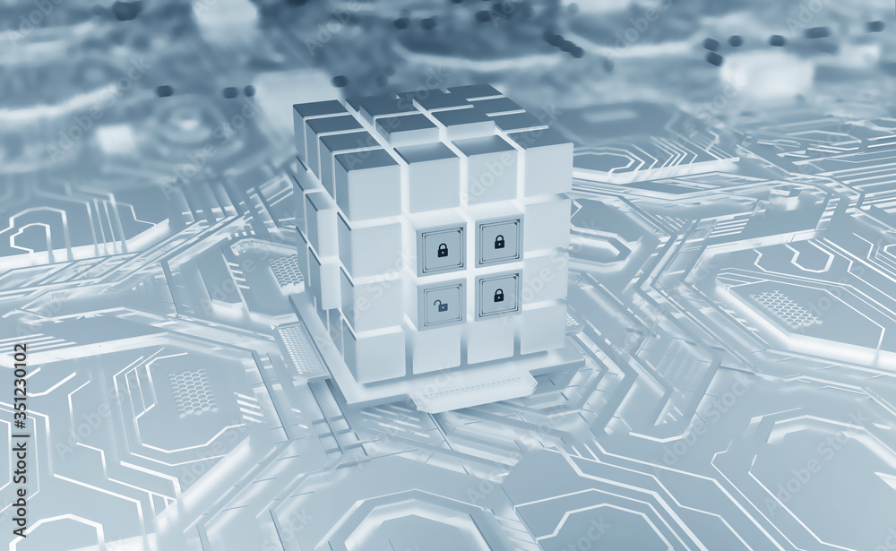 Poster Cyberspace and artificial intelligence 3D illustration. Digital technology and data security. Computer circuit and quantum processor concept