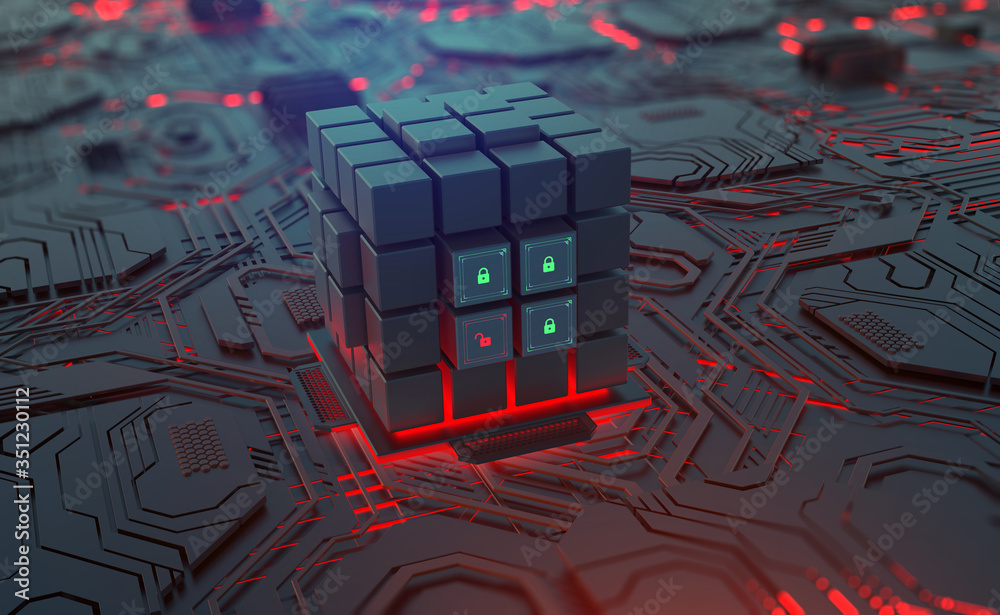 Poster Cyberspace and artificial intelligence 3D illustration. Digital technology and data security. Computer circuit and quantum processor concept