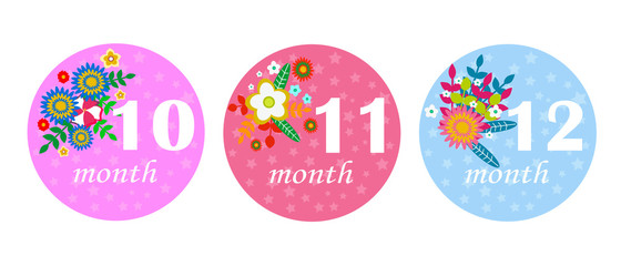 Fototapeta premium Vector set of milestone stickers with flowers and numbers. Newborn month stickers collection. Isolated on white. 10-12 month