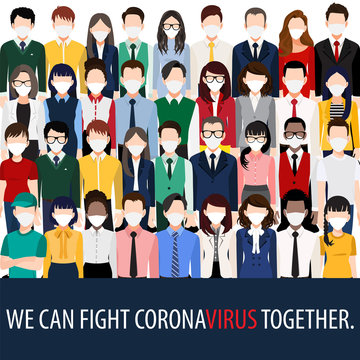Cartoon character with people wearing face masks standing fighting for Corona virus, Covid-19 pandemic. Corona virus disease awareness vector