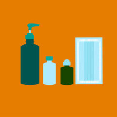 Alcohol sanitizer gel, liquid soap, and medical mask for coronavirus or COVID-19 protection top view on orange color background.