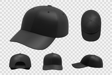 Black cap mockup set. Illustration of realism style drawn sport baseball headwear template front top side and back view or angle. Collection of summer uniform hat with visor on transparent background.