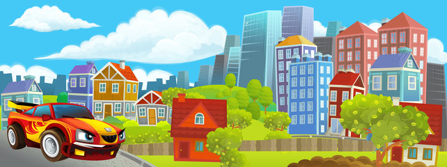 Naklejka premium cartoon happy and funny scene of the middle of a city with car driving by - illustration