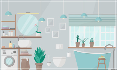 Modern bathroom in grey tones with a window. Vector illustration. - 351232583