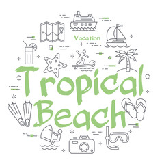Green text Tropical Beach with linear summer time icons