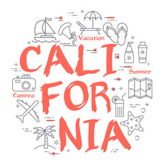 Red text California with linear summer time icons