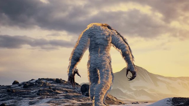 The Yeti enjoys the morning sunrise, in the beautiful snowy mountains. Yeti in the winter mountains. Animation for fabulous, fiction or fantasy backgrounds.