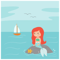 Cute kawaii mermaid is sitting on the rock and look on ship. Vector illustration for children book or greeting cards. Cartoon character.