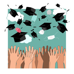 Funny graduation vector background with hands, and bonnets and medical masks in the air. Flying masks and grads hats, Quarantine 2020 Graduation ceremony concept