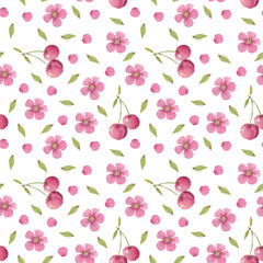 Seamless pattern of hand-drawn watercolor pink flowers and cherry on a white background. Use for menus, invitations.