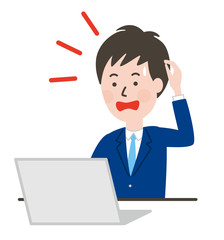 しまった！という表情のノートパソコンを操作するネクタイをした若い男性