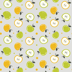 Vector seamless texture with juicy apples and halves. Summer fruits wallpeper. Pattern for textile or wrapping paper.