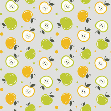 Vector seamless texture with juicy apples and halves. Summer fruits wallpeper. Pattern for textile or wrapping paper.