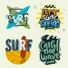 Surfing Style Surf Summer Time Beach Life Hand Lettering  Vector Illustrations Set Designs.