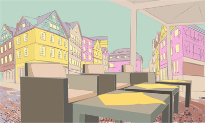 Cafe concept. Isometric illustration with tables and chairs under the open sky