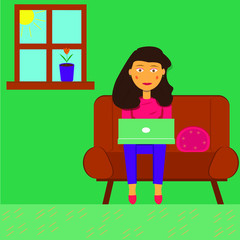 Brunette girl work at home. Comfort self isolation. Lady sitting at the laptop. Young woman do her job online. Work during the quarantine. Stay home. Flower on the windowsill. Vector illustration.