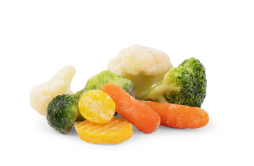 Glass dish on a white background, isolated Pile of frozen vegetables