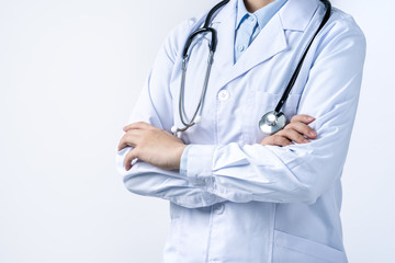 Female doctor body part with hand gesture, young woman physician with stethoscope isolated on white background, close up, cropped view, copy space