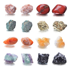 Collection of natural mineral specimens, gem stones isolated on white background
