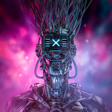 Cyberpunk gamer portrait / 3D illustration of science fiction futuristic robot character with glowing bokeh background