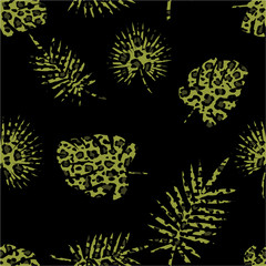 Seamless leopard and tropical leaves pattern. Green pattern on black background