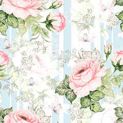 Seamless pattern beautiful roses, herbs and butterflies painted on paper with paints