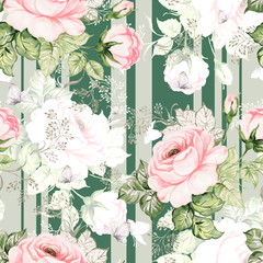 Seamless pattern beautiful roses, herbs and butterflies painted on paper with paints