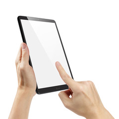 Hands touching blank screen of black tablet computer, isolated on white background