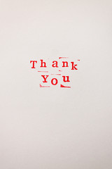 thank you, gratitude concept, beautiful minimalistic card, vintage red letter stamps on white background. vertical orientation