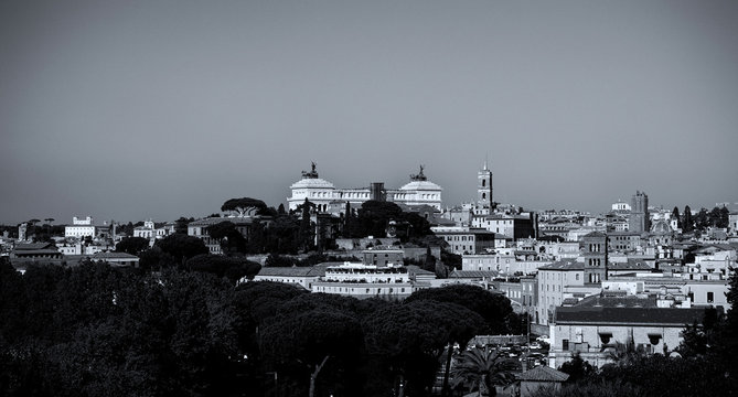 Rome, Italy, Europe: panoramic image of the center of Rome from the Giardino degli Aranci, Savello park, Aventine hill