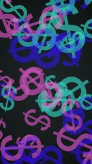 Multicolored translucent dollar signs on dark background. Green tones. 3D illustration