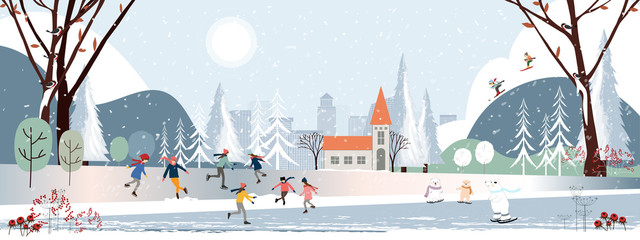 Panorama Winter landscape, Christmas and new year 2021 celebrated in the city,Vector of horizontal banner winter wonderland in the town polar bear,kids playing on snow and teenager skiing in the park