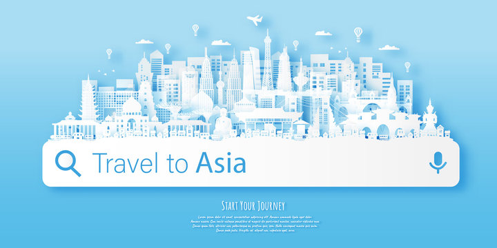 Asia Landmarks Travel postcard, poster, tour advertising of world famous landmarks. Vectors illustrations