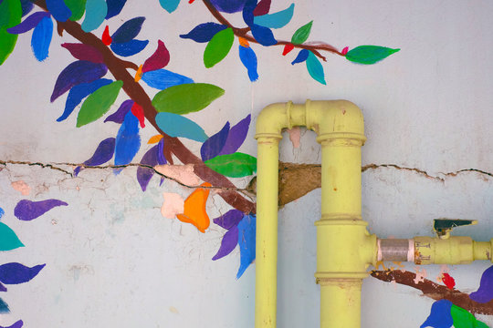 Colored pipes on a leafy wall