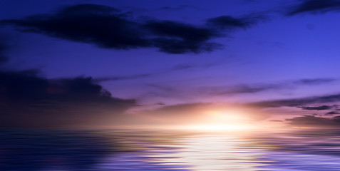 Fototapeta na wymiar Background of night sea landscape. Night sky, clouds, full moon. Reflection of the moon on the water. Sunset on the sea horizon. Blue tinted