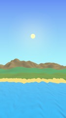 Sun Sea Beach. Noon. Ocean shore line with waves on a beach. Island beach paradise with waves. Vacation, summer, relaxation. Seascape, seashore. Minimalist landscape, primitivism. 3D illustration