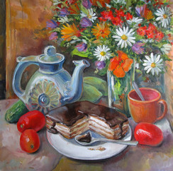 Still life with a chocolate pie, oil painting