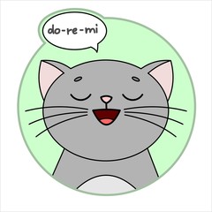 Cute Cat, Round Icon, Emoji. Gray Cat With A Mustache Smiles, Singing Do-re-mi. Cloud Conversation, Bubble Speech. Lettering, Handwritten Word do re mi. Vector Image Isolated On A White Background.