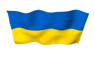 The flag of Ukraine on a white background. National flag and state ensign. Blue and yellow bicolour. 3D illustration waving flag