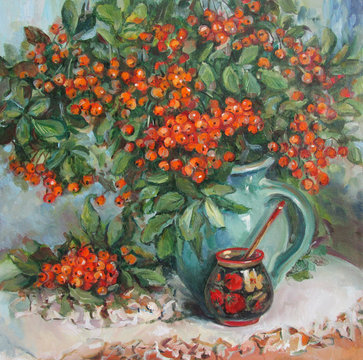 Bouquet of ripe orange rowan, oil painting