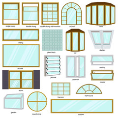 Different windows types. Architecture window set. Vector illustration isolated on white background.