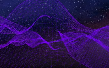 Abstract ultraviolet landscape on a dark background. Purple cyberspace grid. hi tech network. Outer space. Violet starry outer space texture. 3D illustration