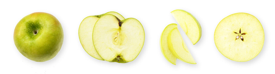 Set of fresh whole and sliced green apples on a white background