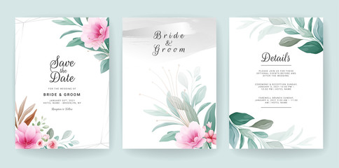 Fototapeta na wymiar Floral background. Wedding invitation card template set with flowers and watercolor decoration for save the date, greeting, poster, and cover design