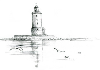 Lighthouse with a seagulls and sea - 351247527