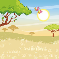 Vector landscape illustration with sunny savanna and birds. Cute picture on the theme of summer in cartoon style.