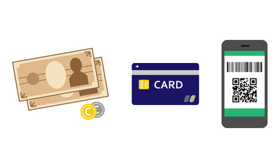 Payment method icon set (illustration of cash, credit card, smartphone)