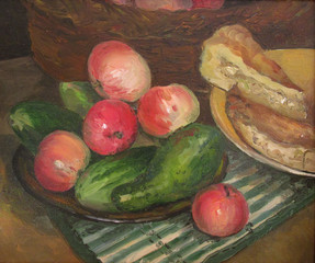 Rustic table with ripe apples and cucumbers, and a pie. Oil painting